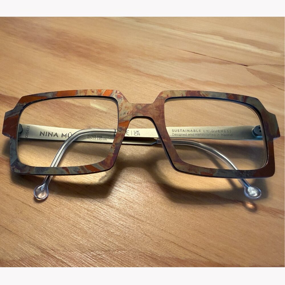 Nina Mur eyeglasses, Oxide Copper finish, wood frame, metal temple, 145mm width